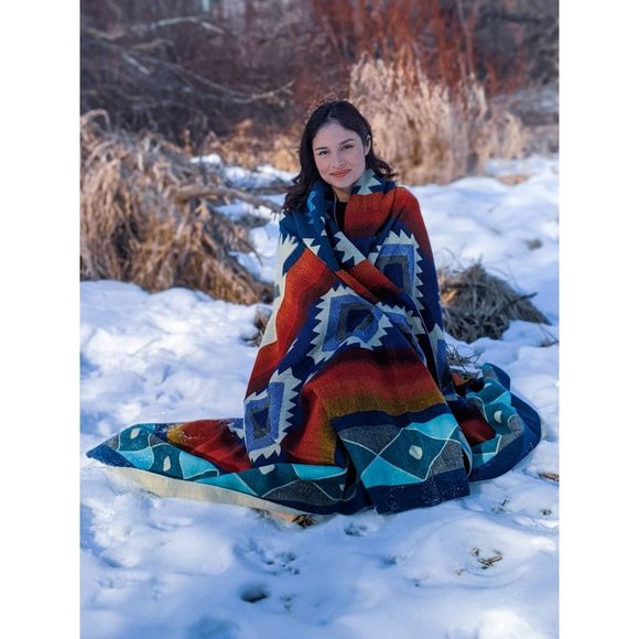 Alpaca Queen Size Blanket, Imperial Blue Geometrical Throw, Native Design Campin - Picture 10 of 10